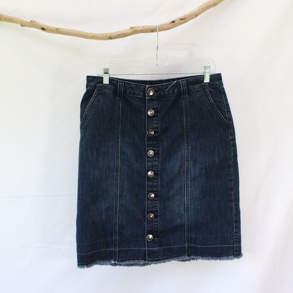 Versona Knee Length Midi Jean Skirt Size 8 Stretch Denim Raw Hem Button Front